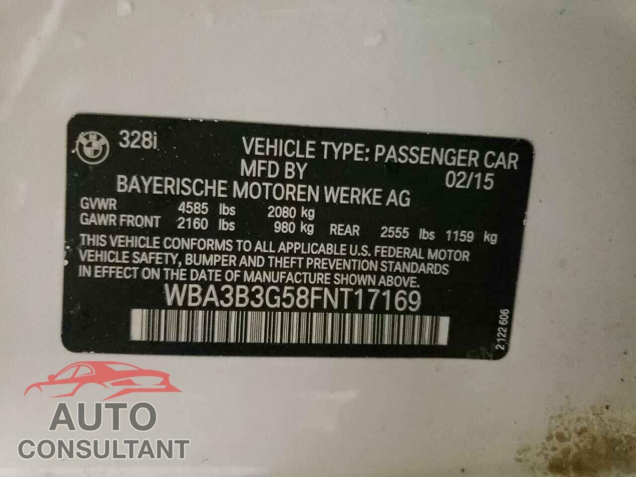 BMW 3 SERIES 2015 - WBA3B3G58FNT17169