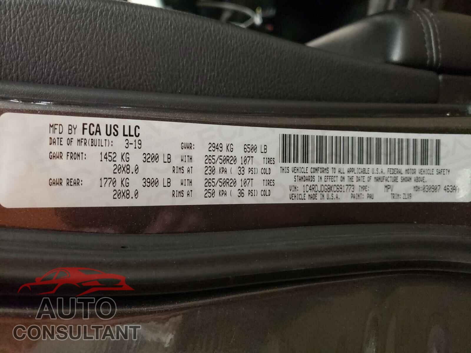 DODGE DURANGO 2019 - 1C4RDJDG8KC691773