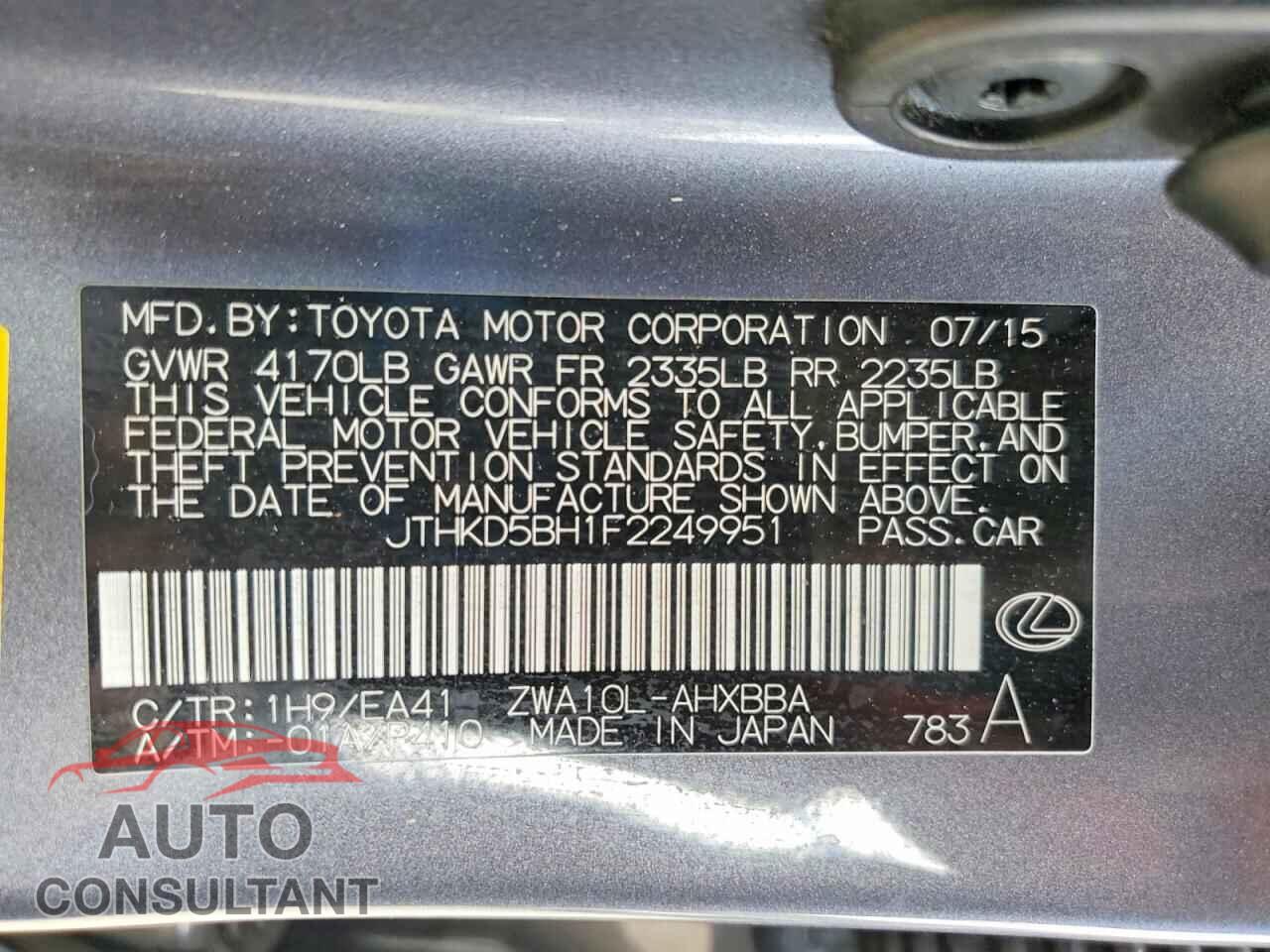 LEXUS CT 200 2015 - JTHKD5BH1F2249951