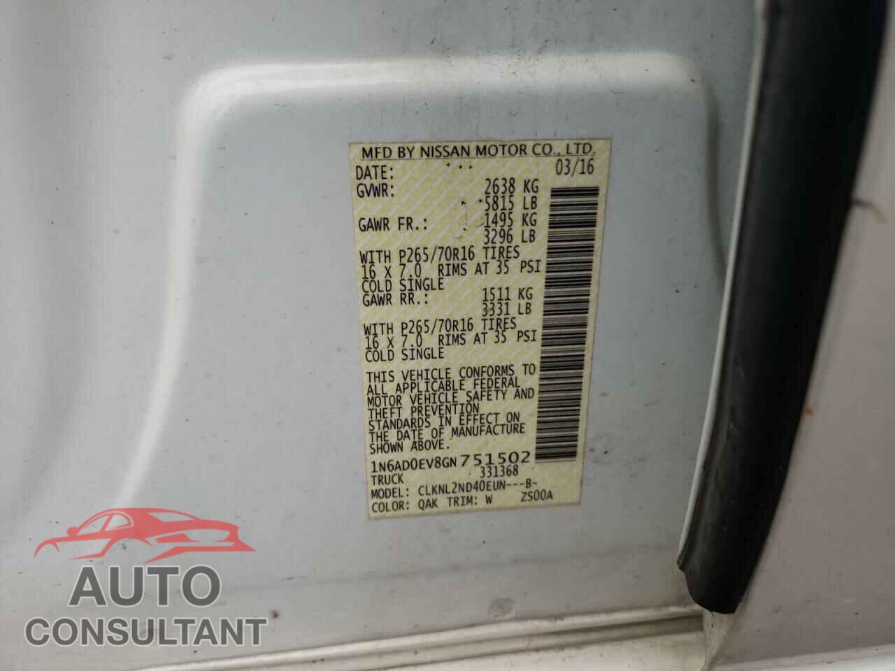 NISSAN FRONTIER 2016 - 1N6AD0EV8GN751502