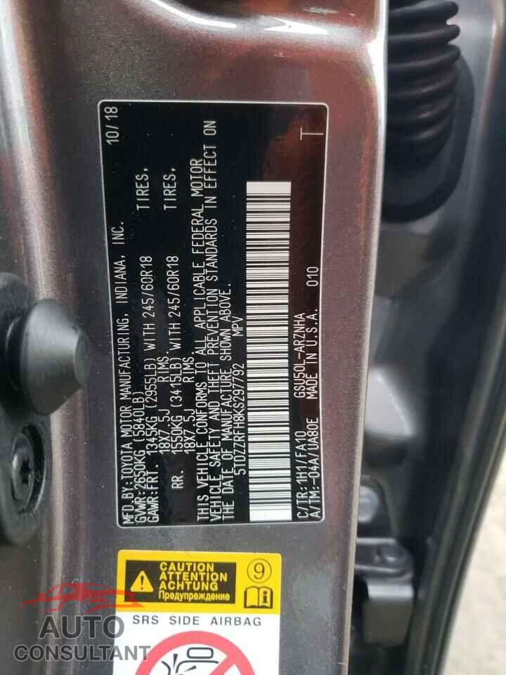 TOYOTA HIGHLANDER 2019 - 5TDZZRFH8KS297792