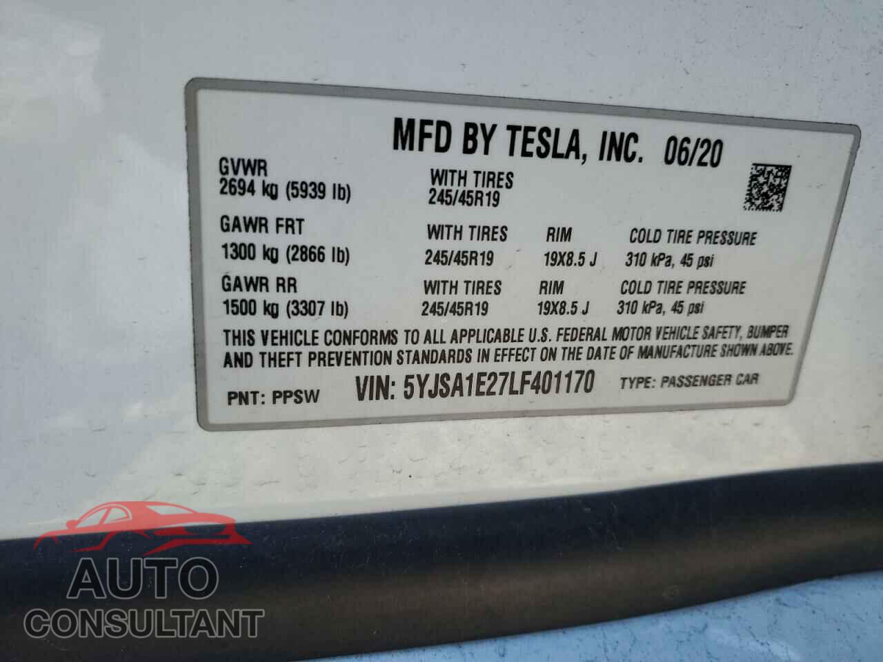 TESLA MODEL S 2020 - 5YJSA1E27LF401170