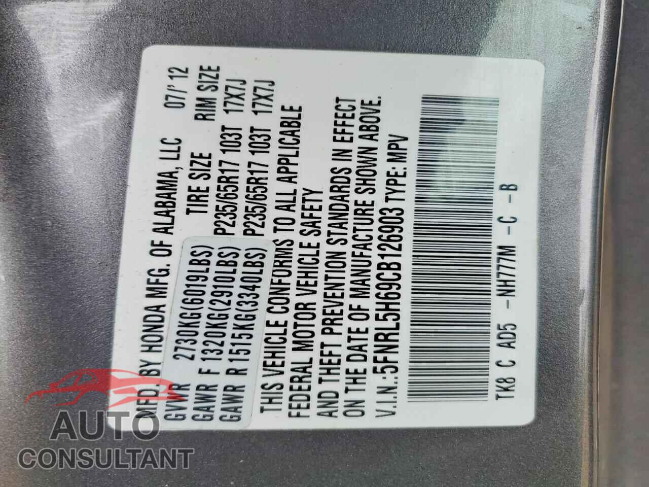 HONDA ODYSSEY 2012 - 5FNRL5H69CB126903