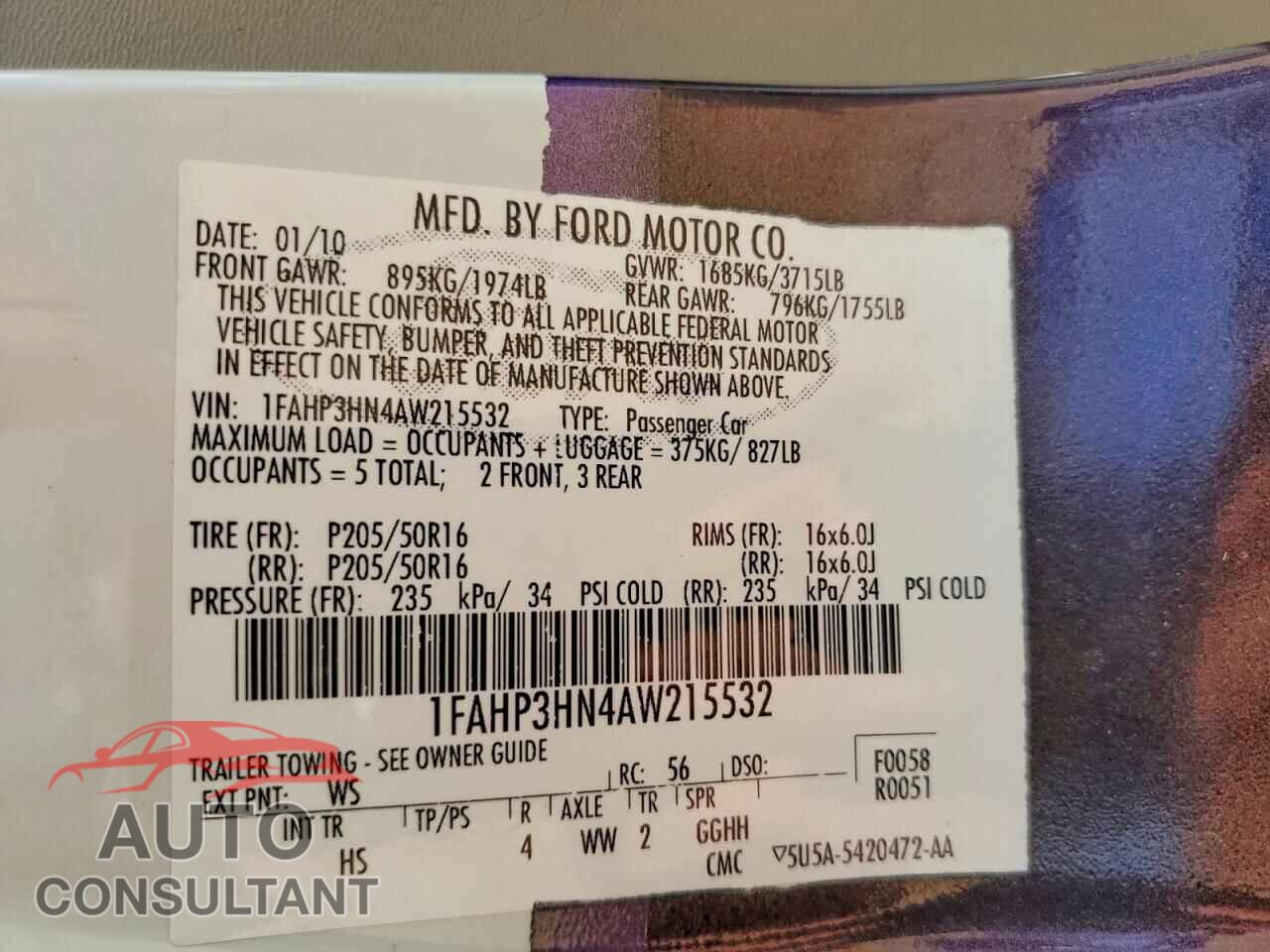 FORD FOCUS 2010 - 1FAHP3HN4AW215532