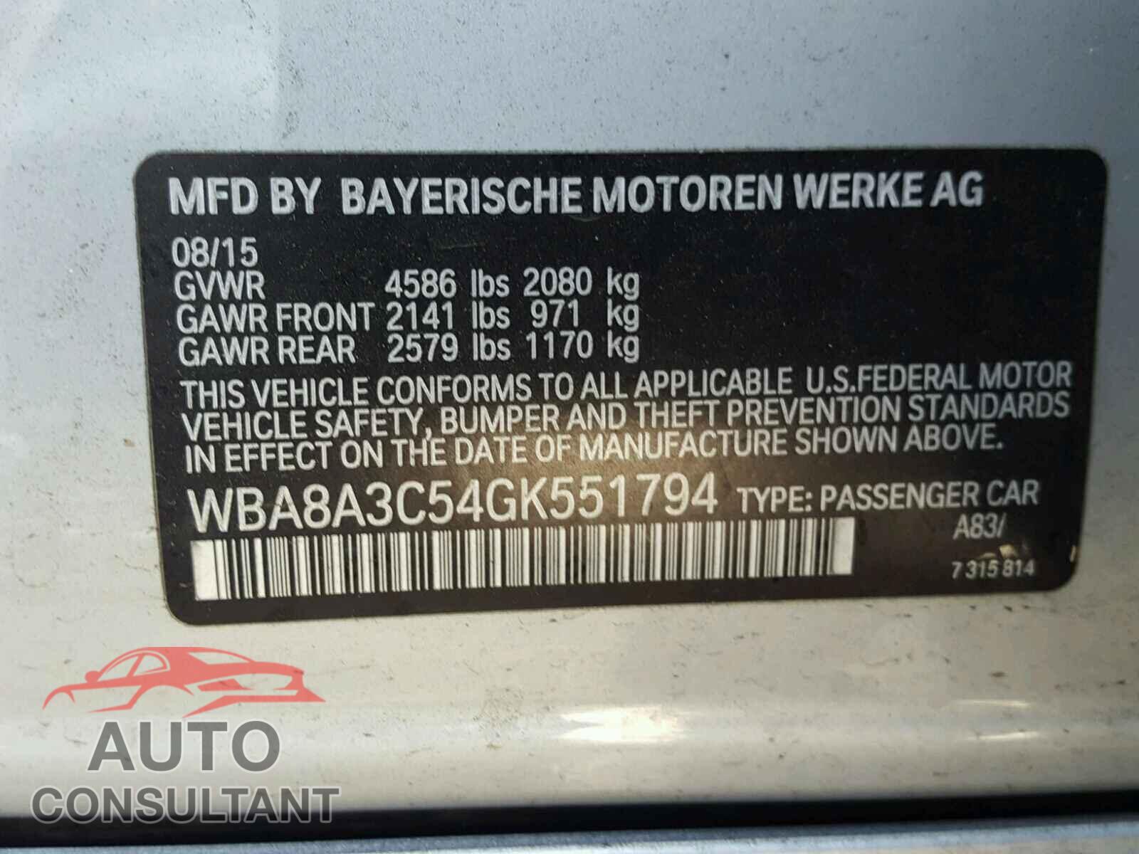 BMW 3 SERIES 2016 - WBA8A3C54GK551794