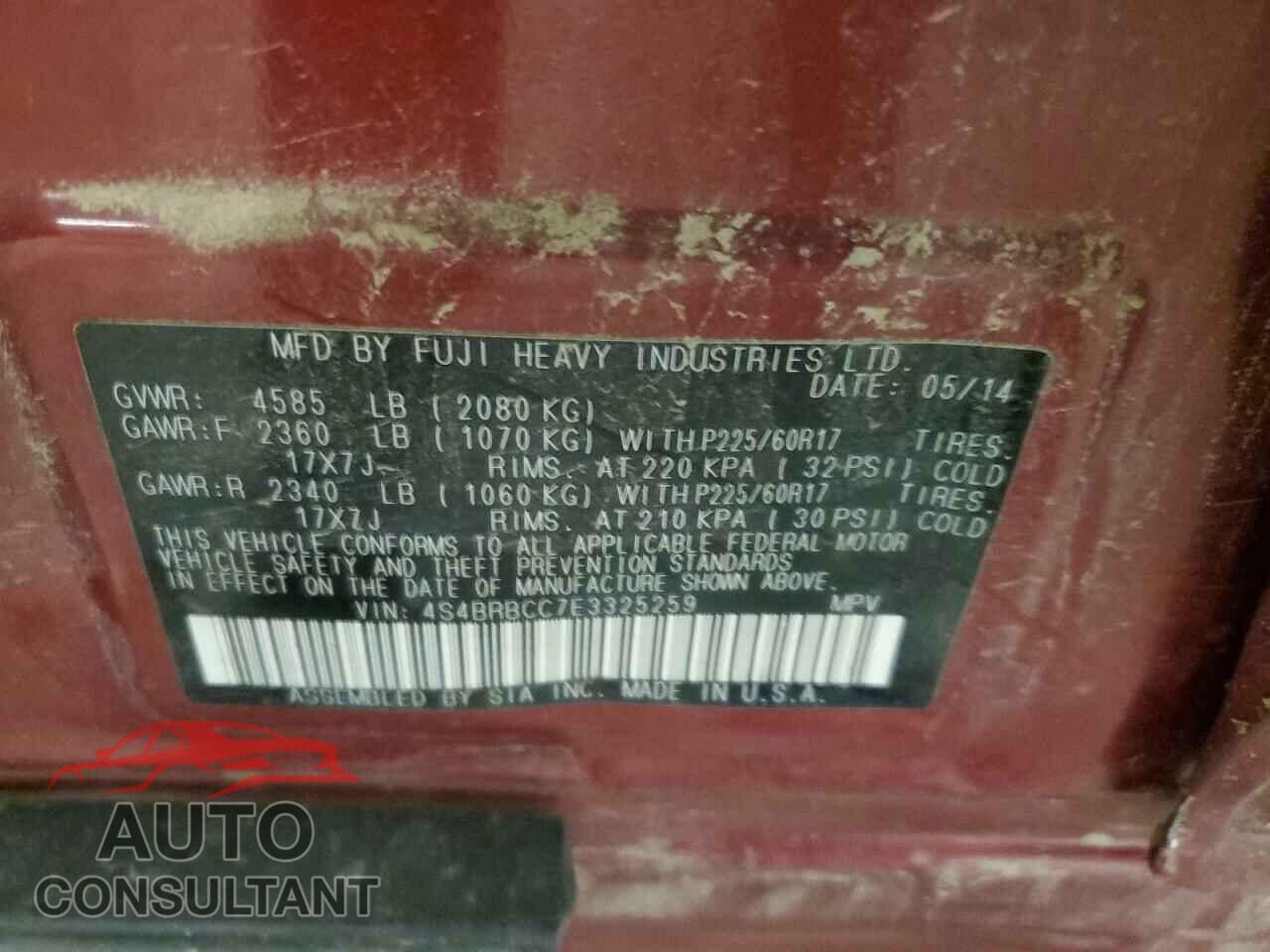 SUBARU OUTBACK 2014 - 4S4BRBCC7E3325259