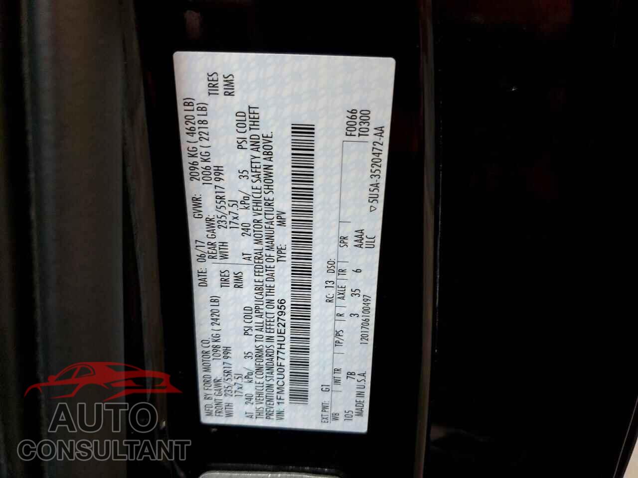 FORD ESCAPE 2017 - 1FMCU0F77HUE27956