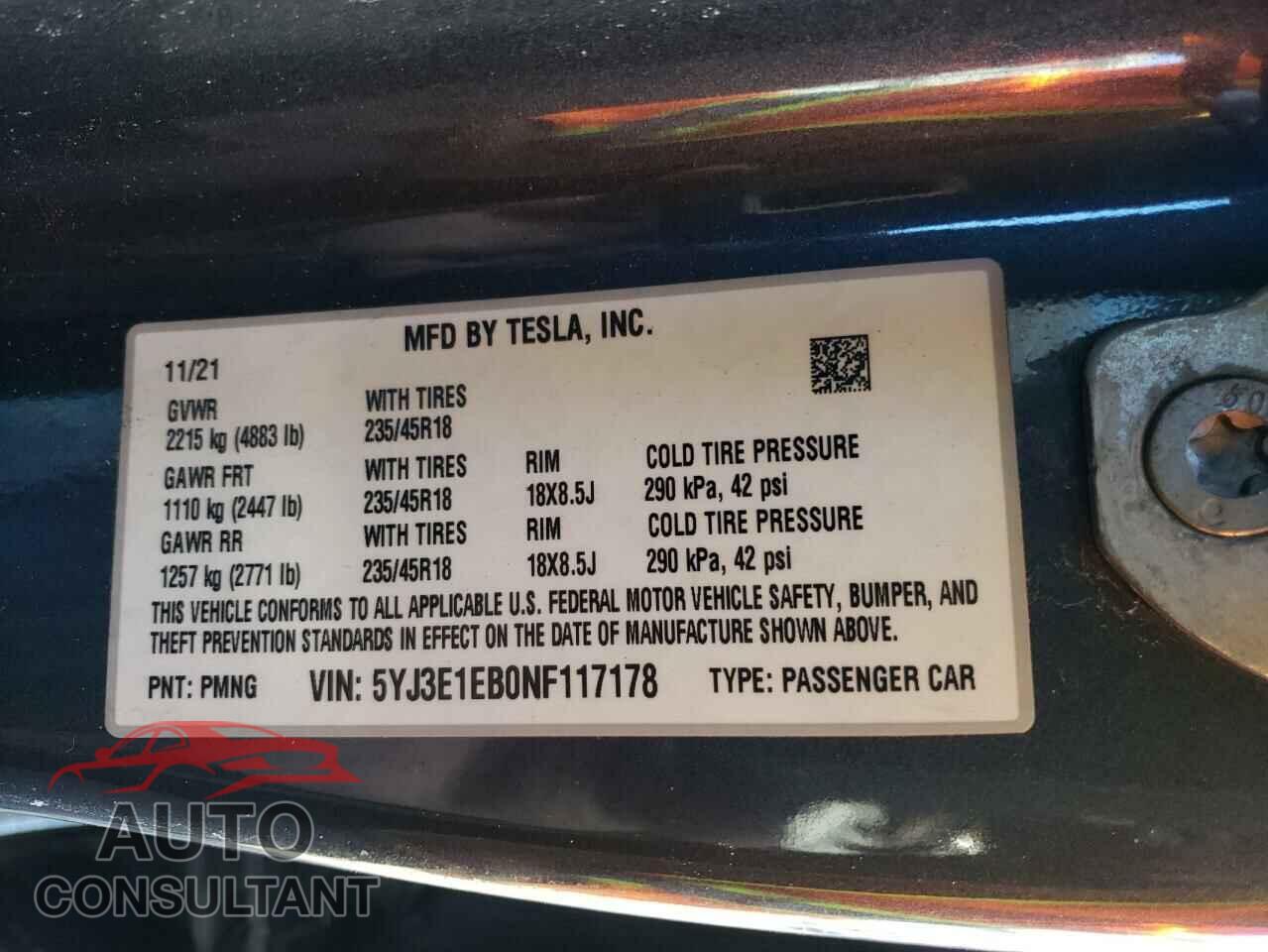 TESLA MODEL 3 2022 - 5YJ3E1EB0NF117178