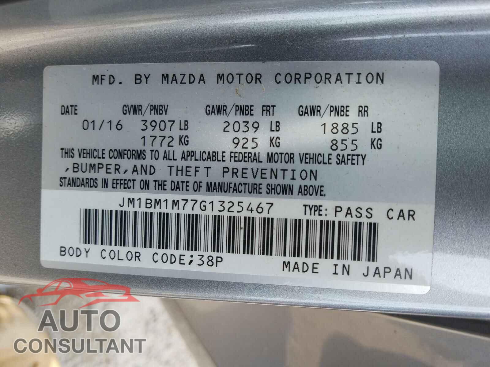 MAZDA 3 2016 - JM1BM1M77G1325467
