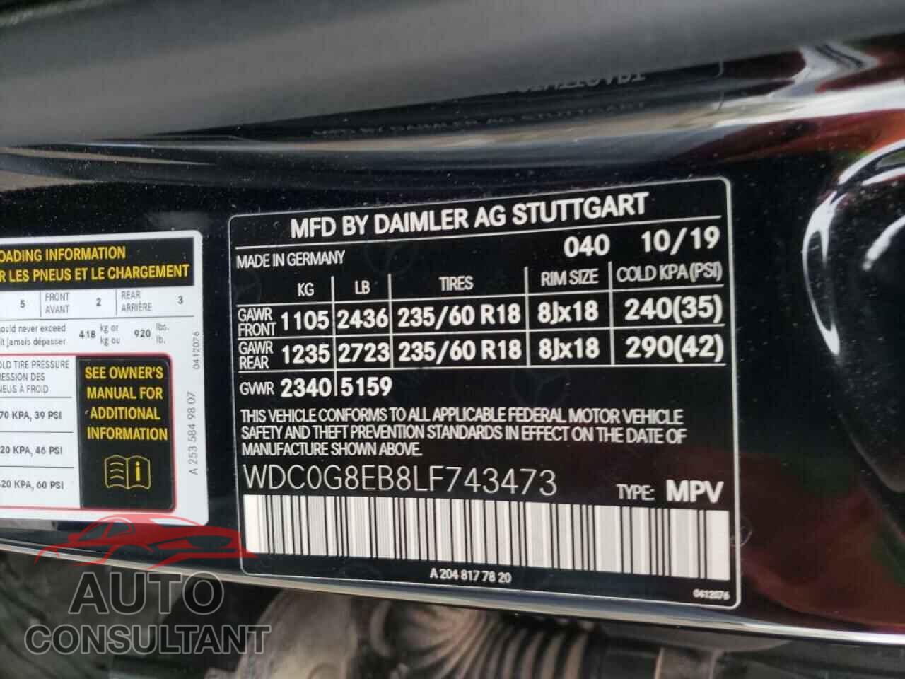 MERCEDES-BENZ GLC-CLASS 2020 - WDC0G8EB8LF743473