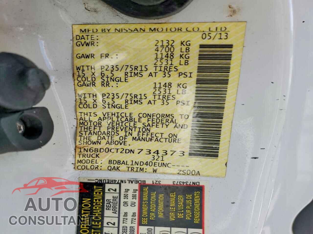 NISSAN FRONTIER 2013 - 1N6BD0CT2DN734373