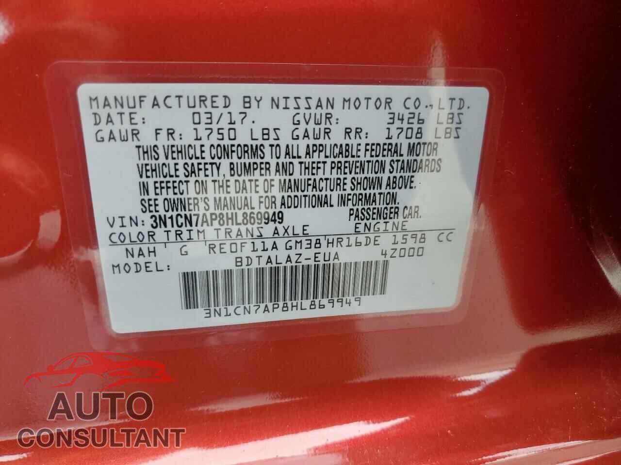 NISSAN VERSA 2017 - 3N1CN7AP8HL869949