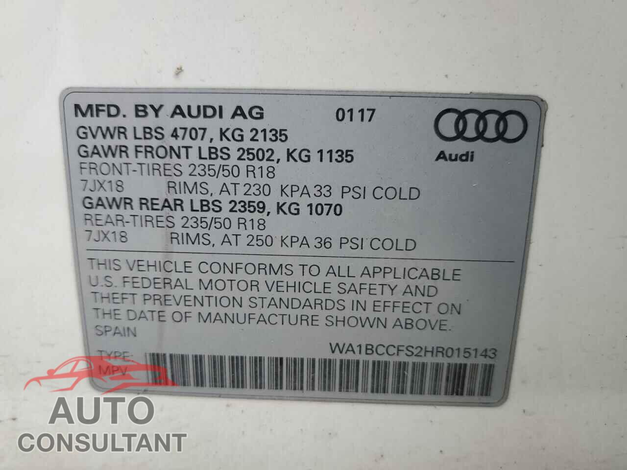 AUDI Q3 2017 - WA1BCCFS2HR015143