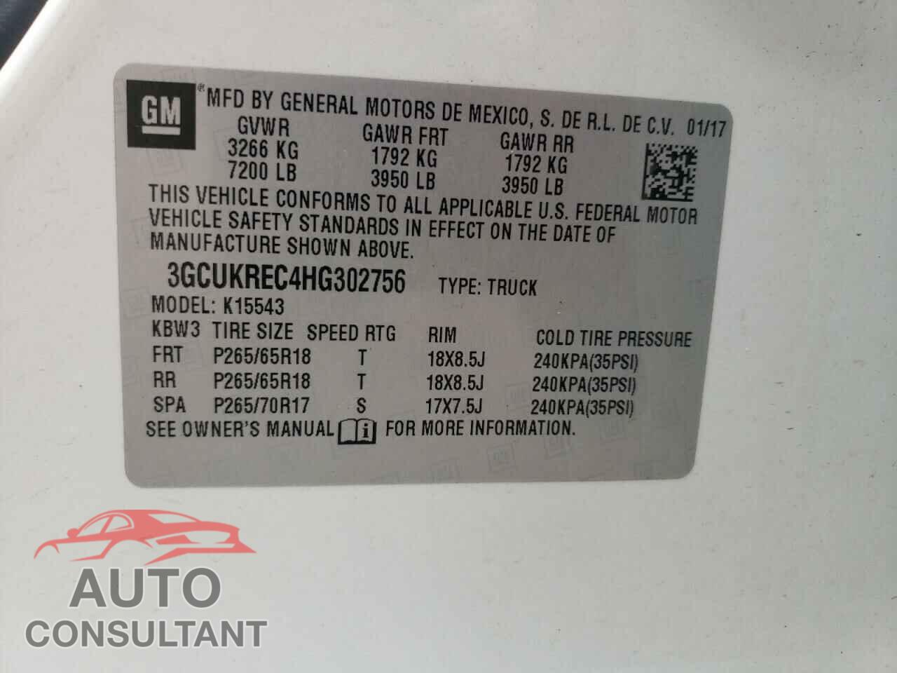 CHEVROLET SILVERADO 2017 - 3GCUKREC4HG302756