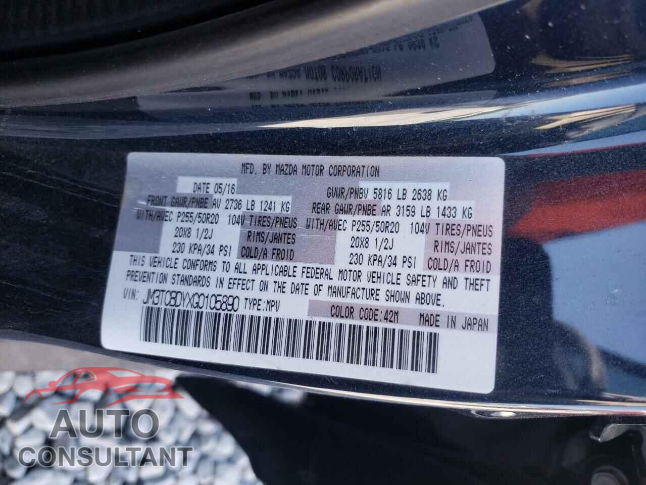 MAZDA CX-9 2016 - JM3TCBDYXG0105890
