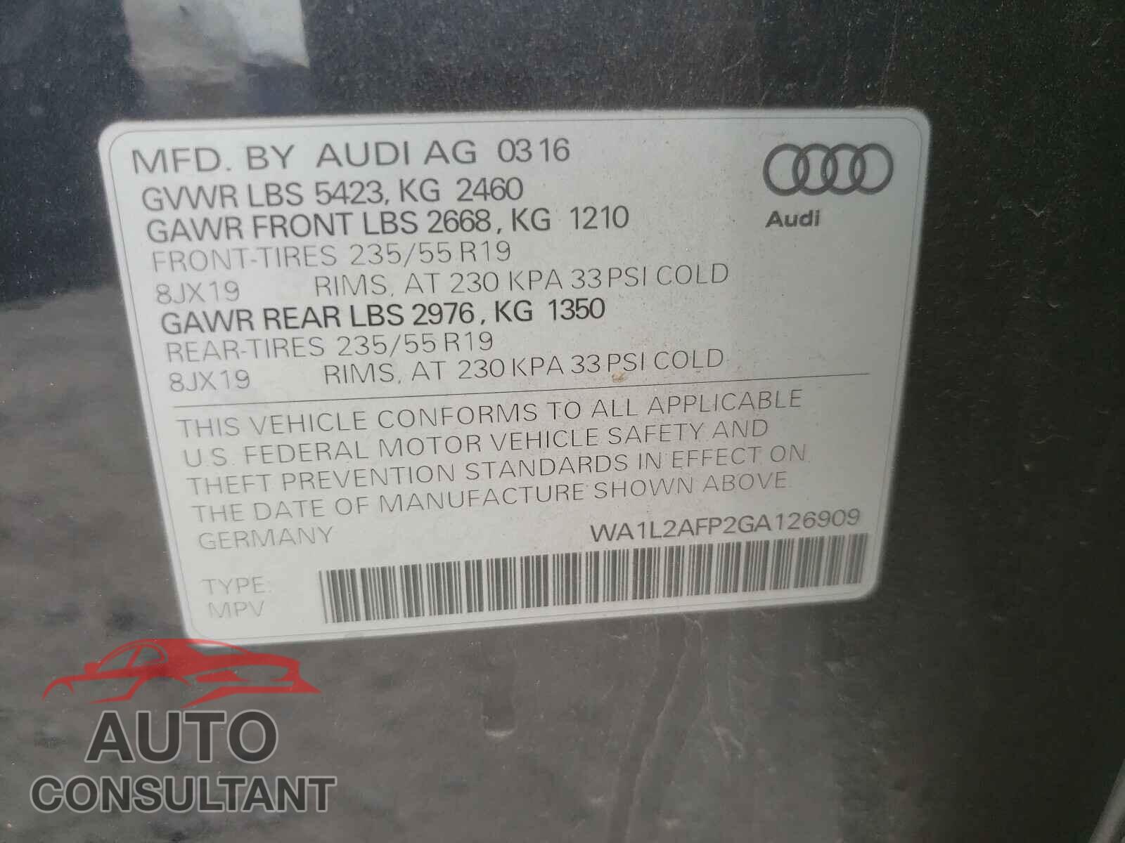AUDI Q5 2016 - WA1L2AFP2GA126909