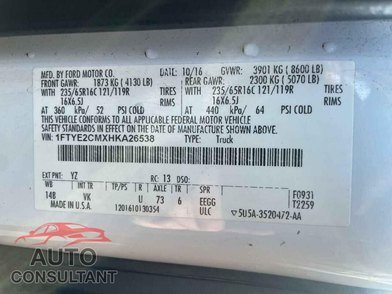 FORD TRANSIT 2017 - 1FTYE2CMXHKA26538
