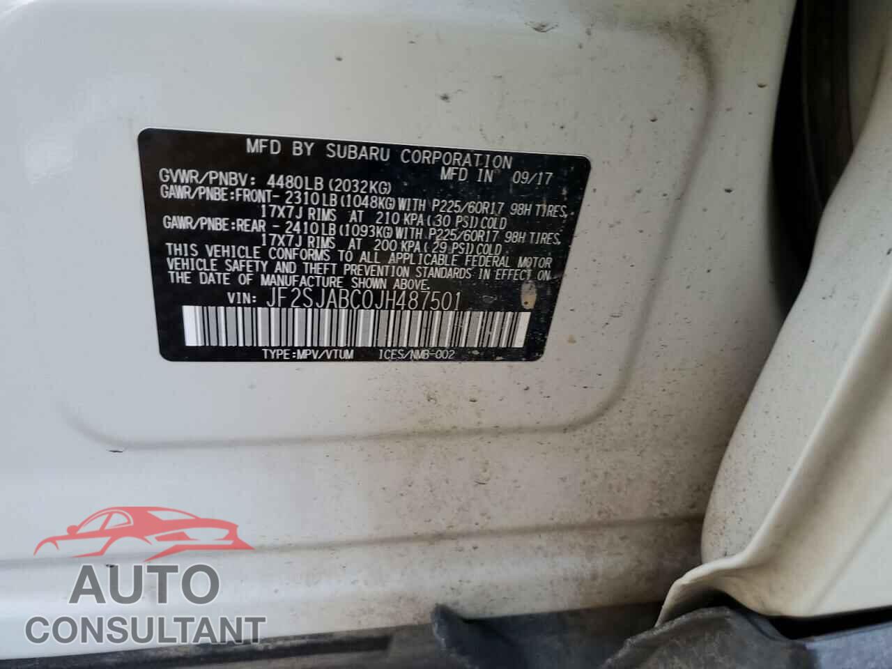 SUBARU FORESTER 2018 - JF2SJABC0JH487501