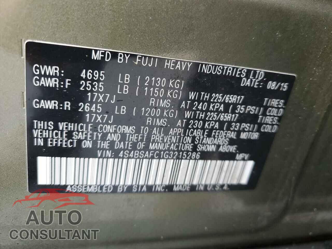 SUBARU OUTBACK 2016 - 4S4BSAFC1G3215286