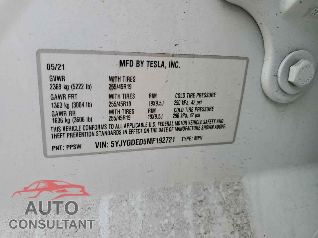 TESLA MODEL Y 2021 - 5YJYGDED5MF192721