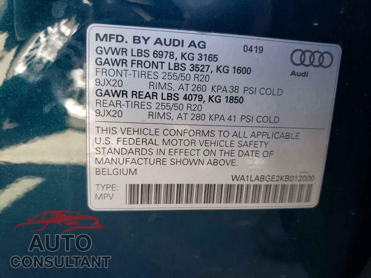 AUDI E-TRON 2019 - WA1LABGE2KB012000