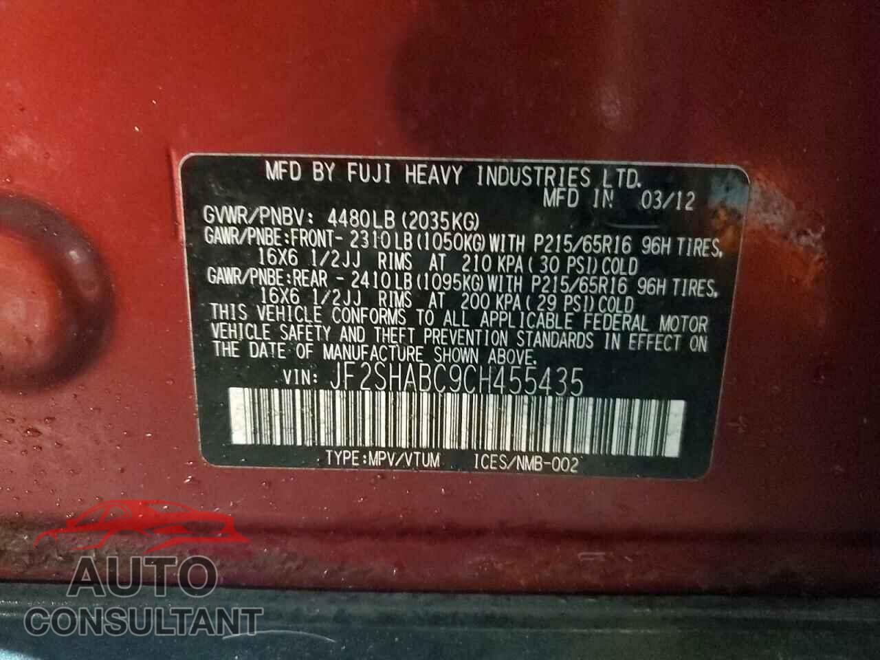 SUBARU FORESTER 2012 - JF2SHABC9CH455435