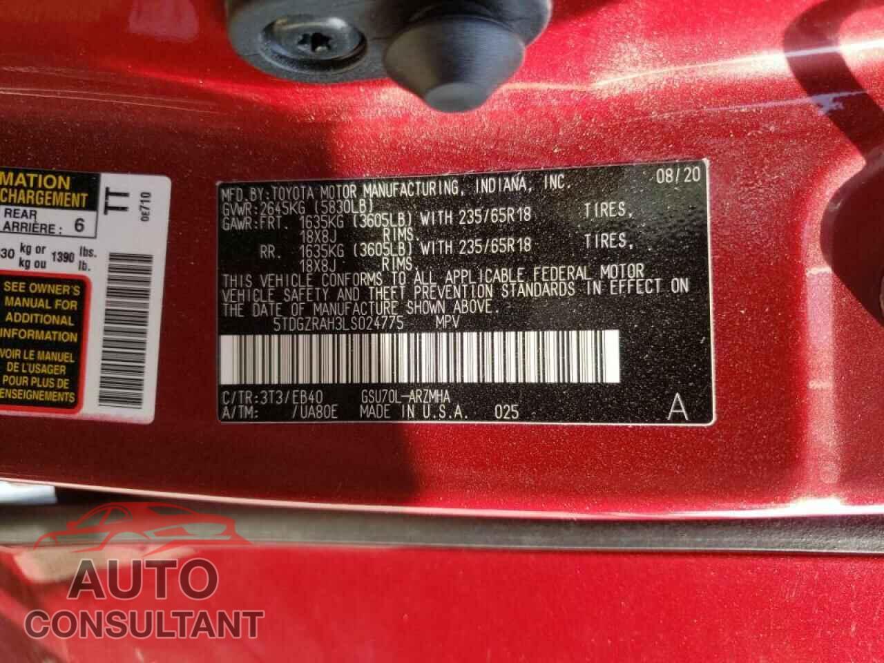 TOYOTA HIGHLANDER 2020 - 5TDGZRAH3LS024775