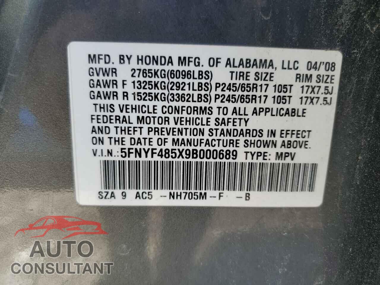HONDA PILOT 2009 - 5FNYF485X9B000689