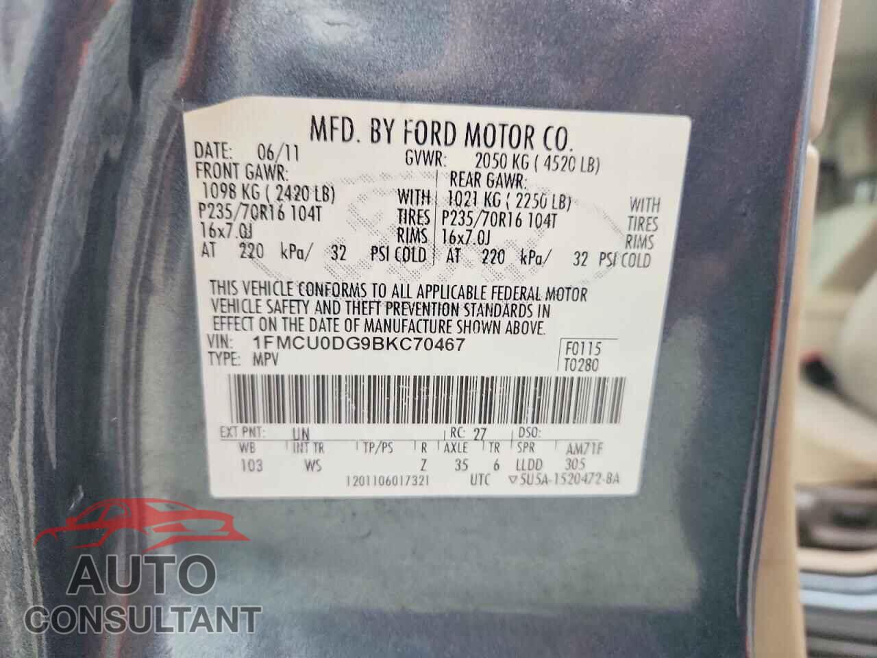 FORD ESCAPE 2011 - 1FMCU0DG9BKC70467