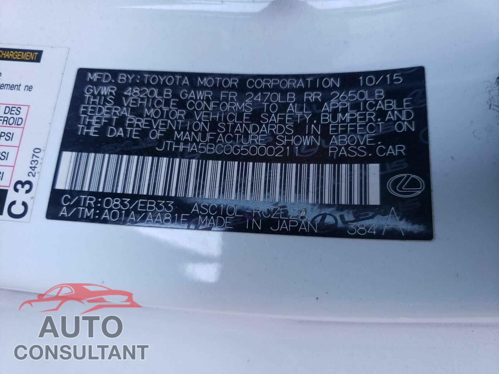 LEXUS RC 2016 - JTHHA5BC0G5000211