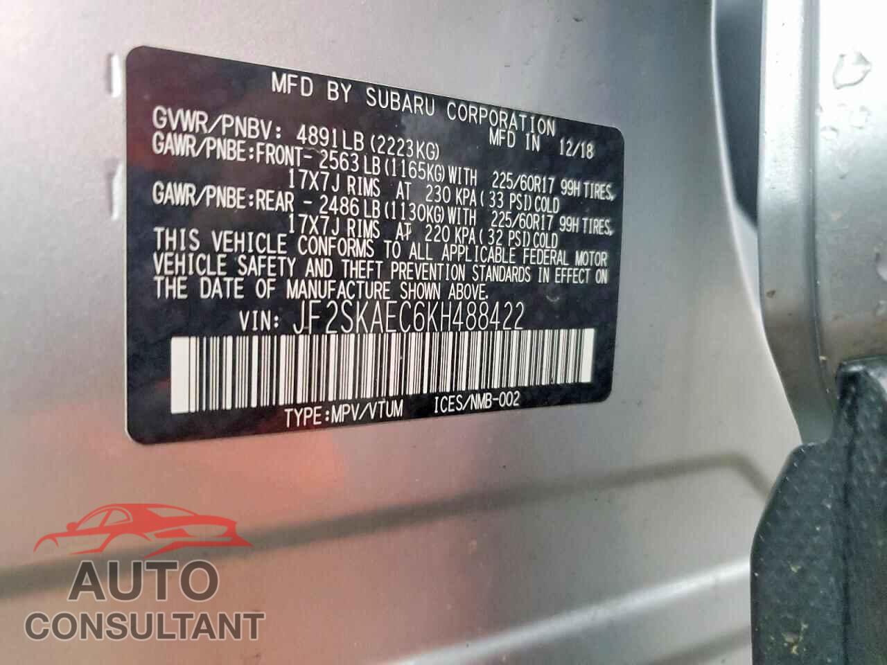 SUBARU FORESTER 2019 - JF2SKAEC6KH488422