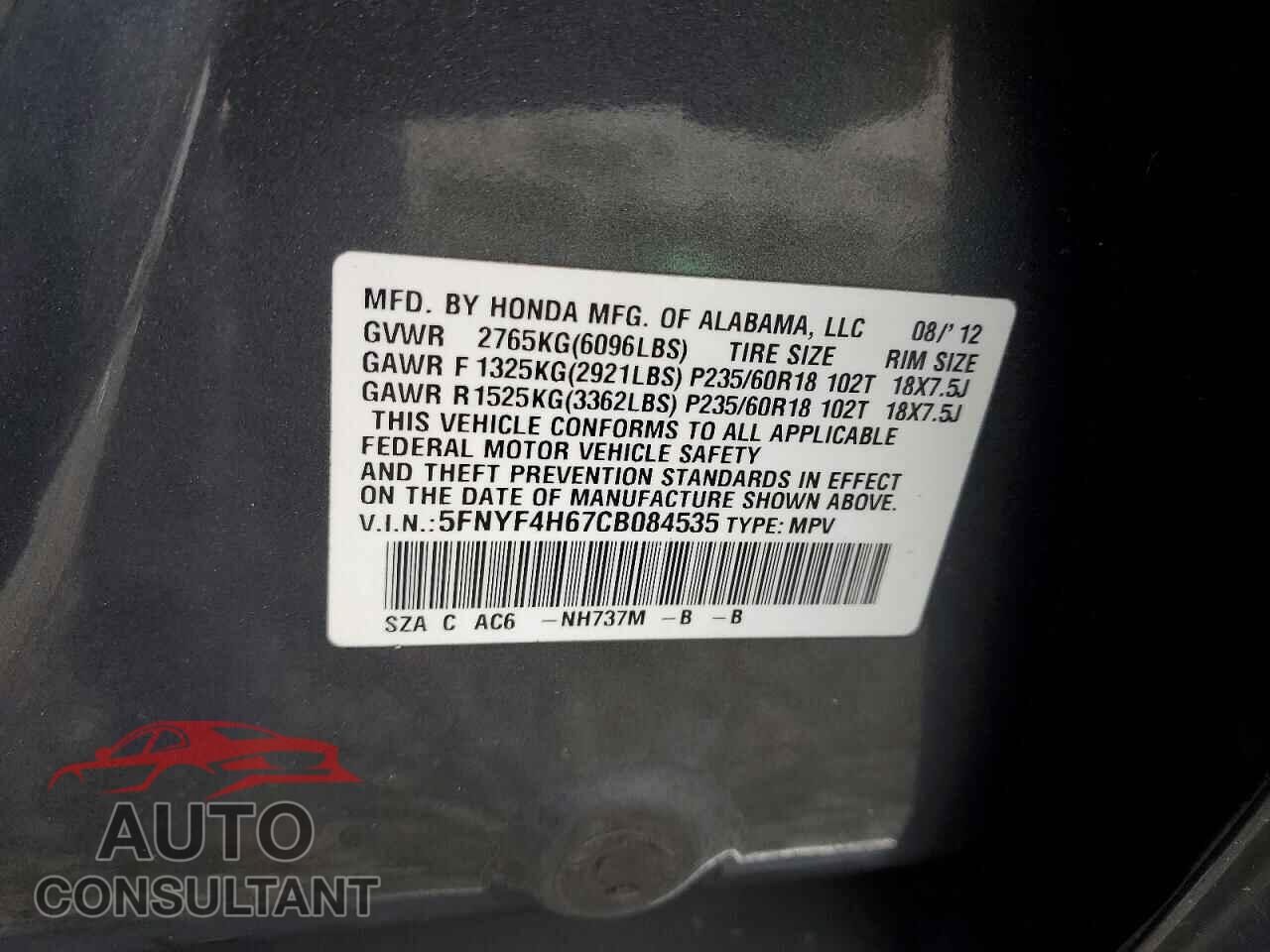 HONDA PILOT 2012 - 5FNYF4H67CB084535