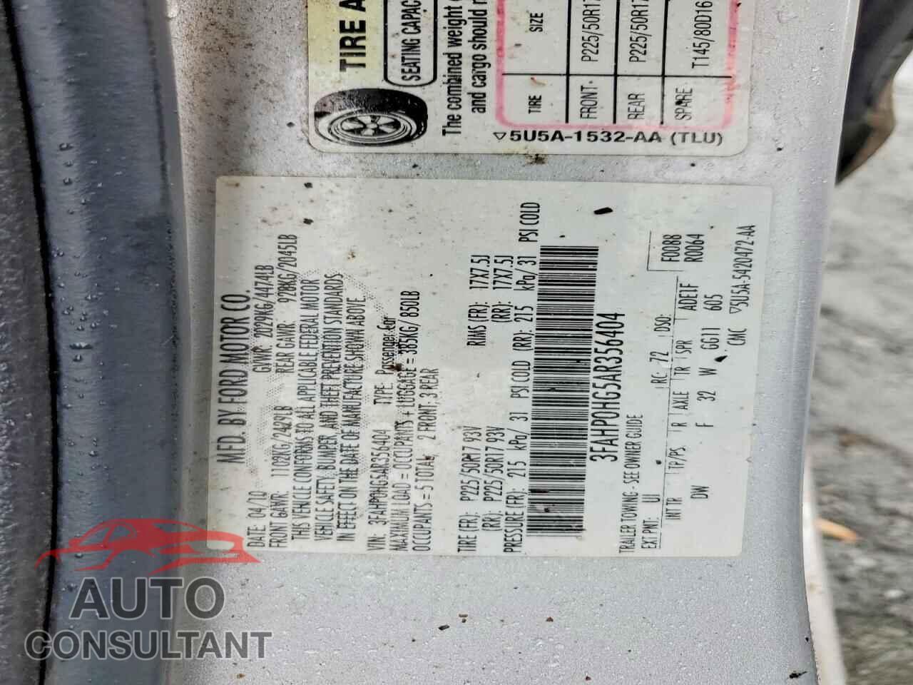 FORD FUSION 2010 - 3FAHP0HG5AR356404