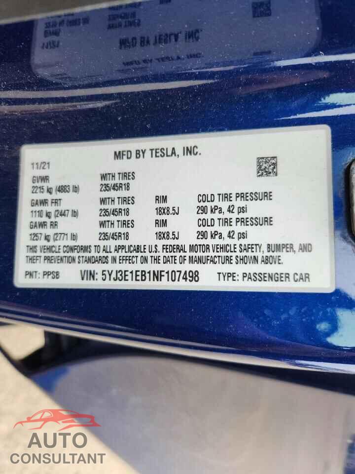 TESLA MODEL 3 2022 - 5YJ3E1EB1NF107498