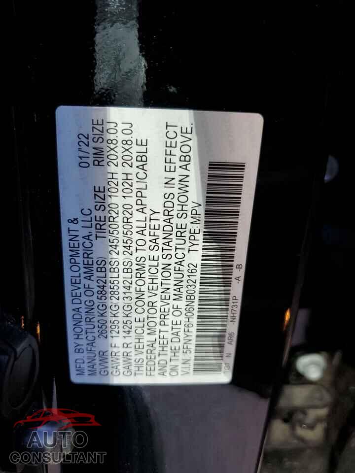 HONDA PILOT 2022 - 5FNYF6H06NB032162