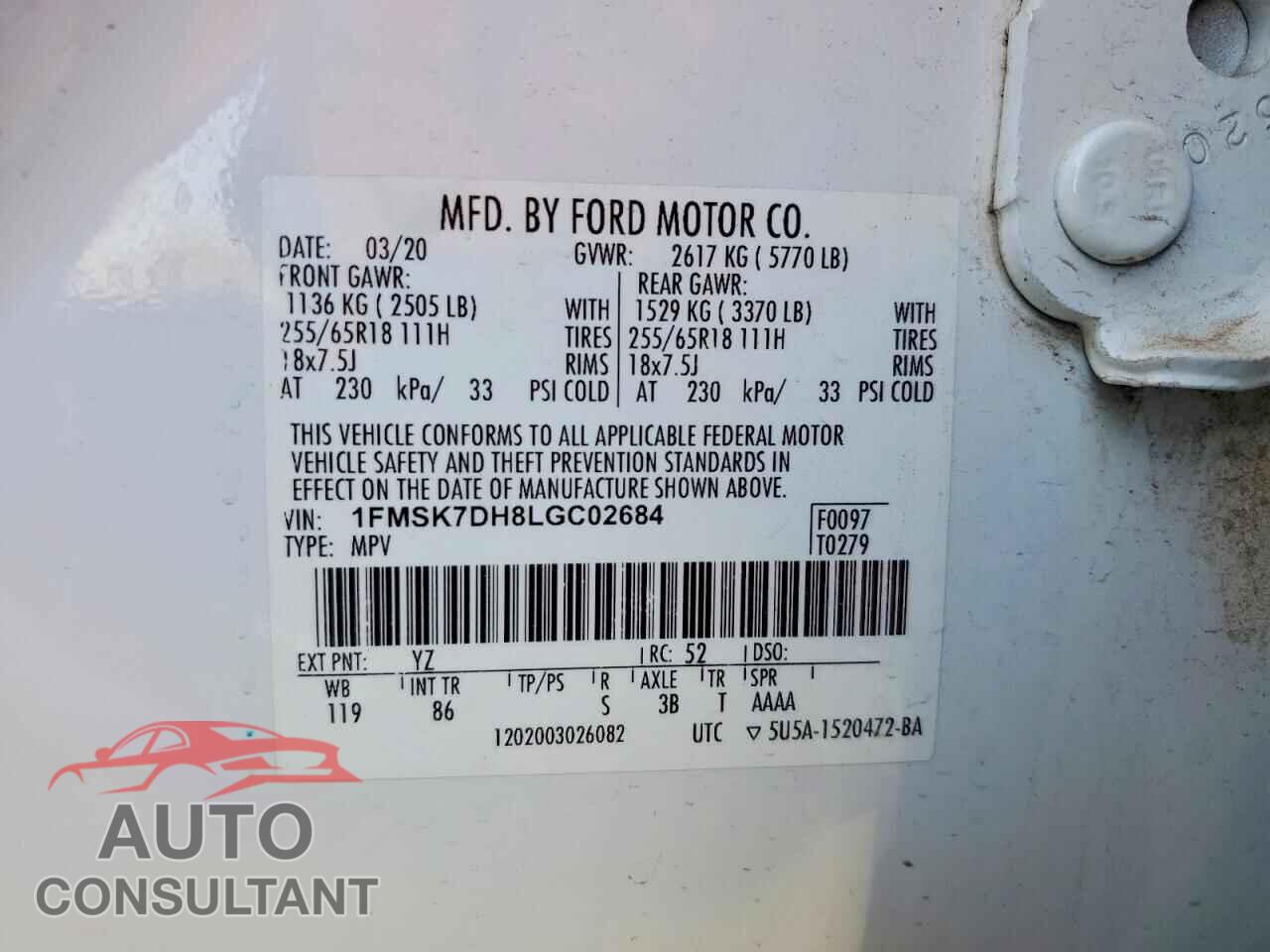 FORD EXPLORER 2020 - 1FMSK7DH8LGC02684