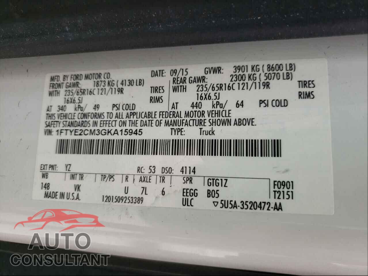 FORD TRANSIT CO 2016 - 1FTYE2CM3GKA15945