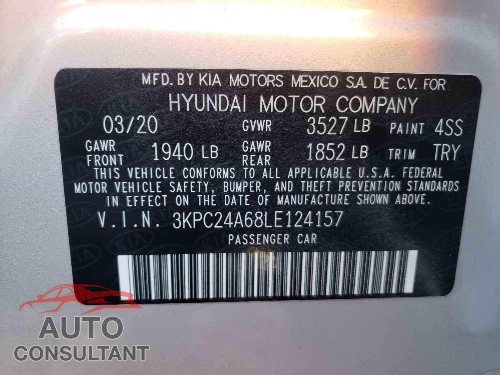 HYUNDAI ACCENT 2020 - 3KPC24A68LE124157