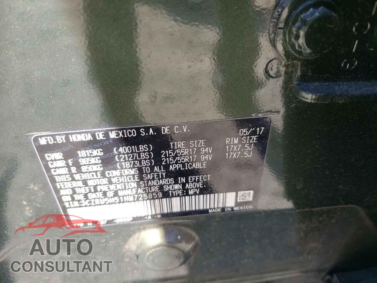HONDA HR-V 2017 - 3CZRU5H51HM725859