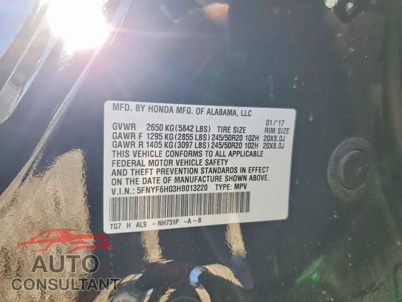 HONDA PILOT 2017 - 5FNYF6H03HB013220