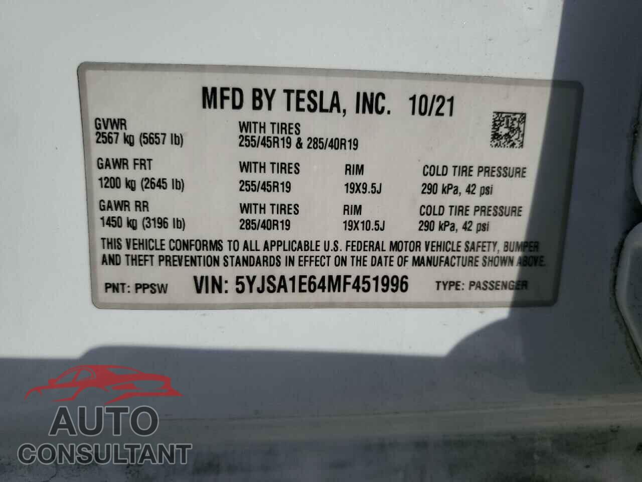 TESLA MODEL S 2021 - 5YJSA1E64MF451996