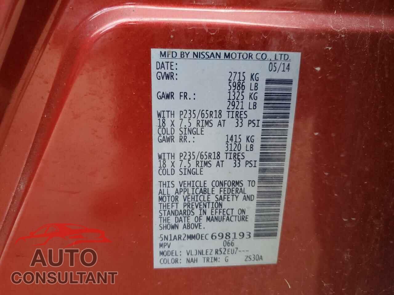 NISSAN PATHFINDER 2014 - 5N1AR2MM0EC698193