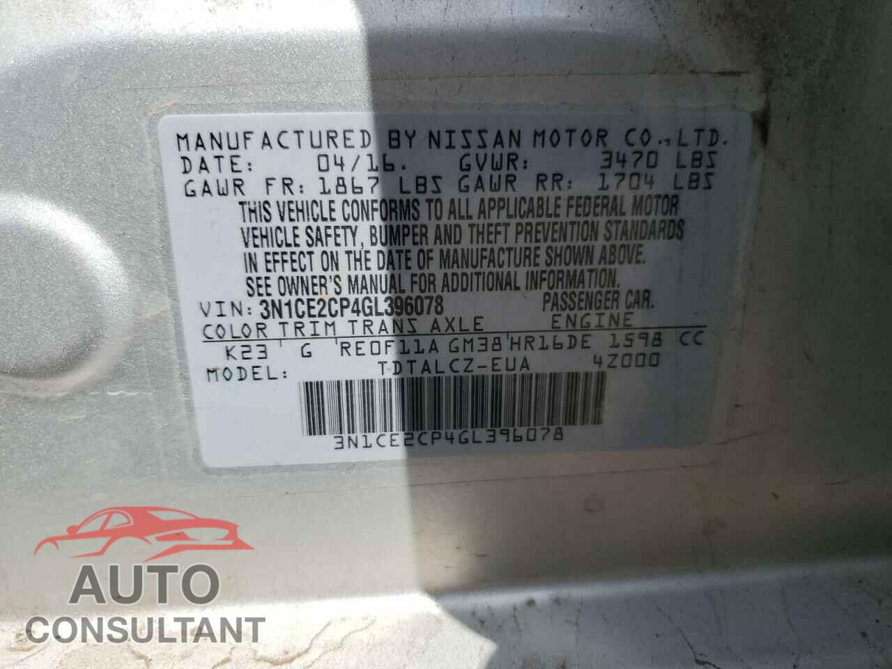 NISSAN VERSA 2016 - 3N1CE2CP4GL396078