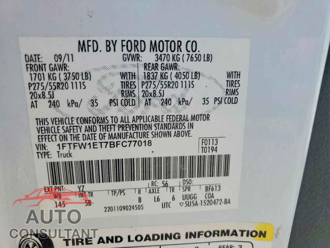 FORD F150 2011 - 1FTFW1ET7BFC77018