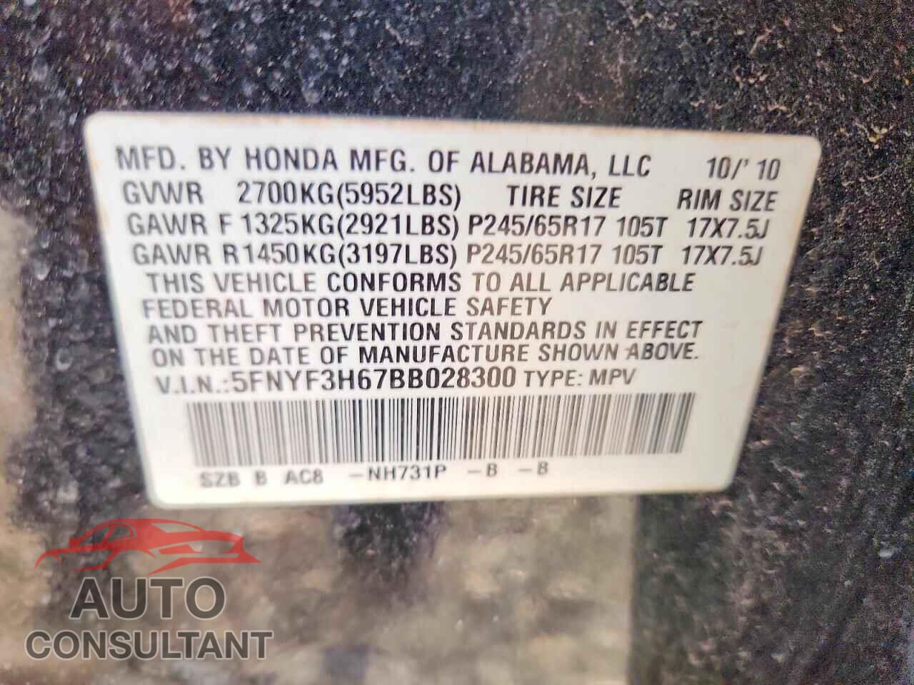HONDA PILOT 2011 - 5FNYF3H67BB028300