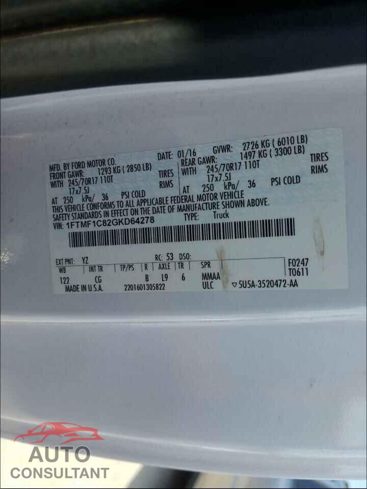 FORD F150 2016 - 1FTMF1C82GKD64278