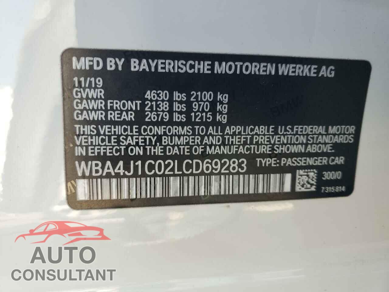 BMW 4 SERIES 2020 - WBA4J1C02LCD69283