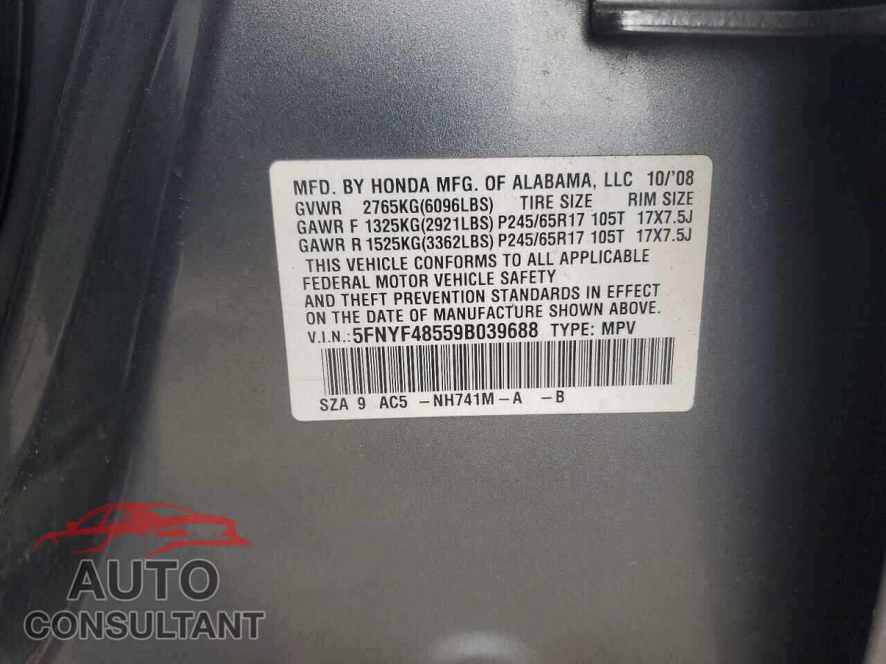 HONDA PILOT 2009 - 5FNYF48559B039688