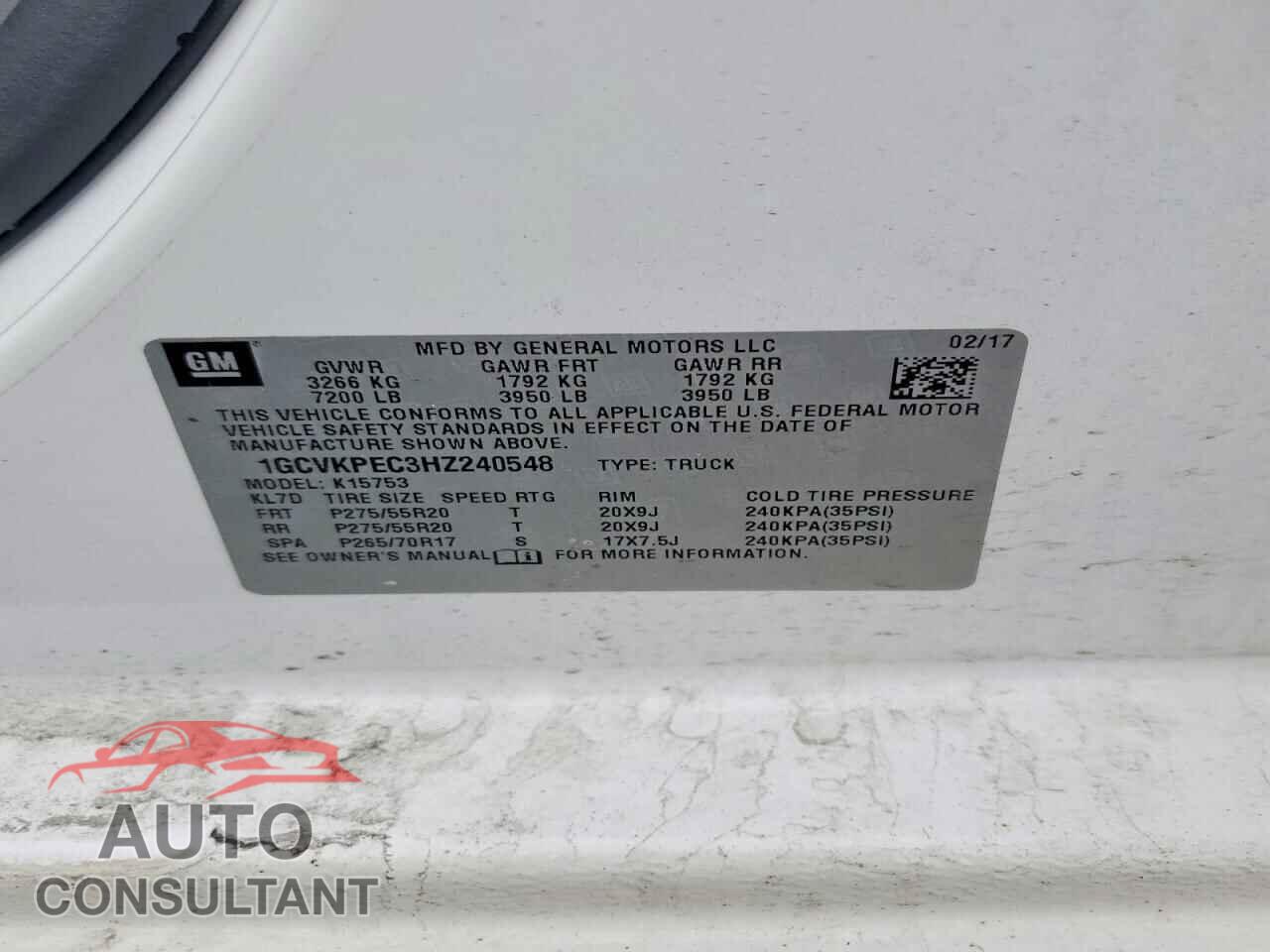 CHEVROLET SILVERADO 2017 - 1GCVKPEC3HZ240548