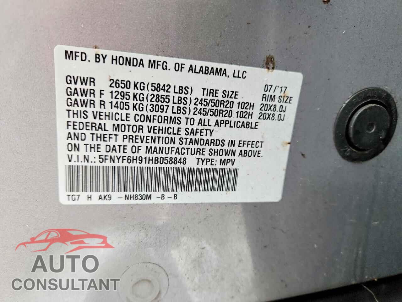 HONDA PILOT 2017 - 5FNYF6H91HB058848